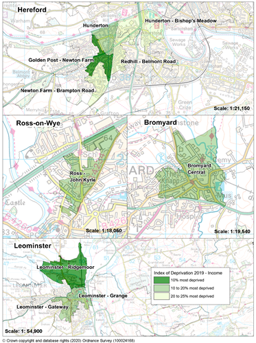 Maps showing the areas of Herefordshire that are amongst the most deprived nationally according to the income domain of the Indices of Deprivation 2019.