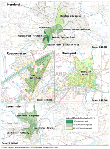 Maps showing the areas of Herefordshire that are among the most deprived nationally according to the Index of Multiple deprivation 2019.