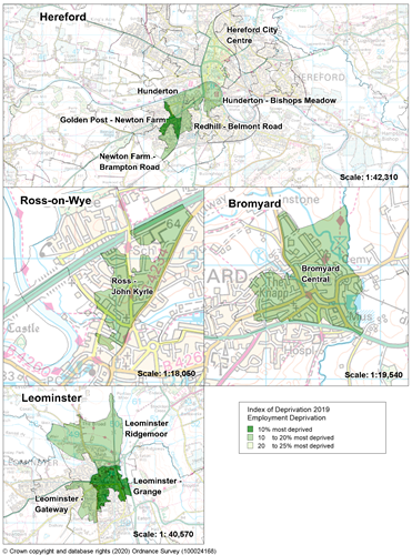 Maps showing the areas of Herefordshire that are amongst the most deprived nationally according to the employment domain of the Indices of Deprivation 2019.