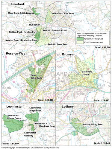 Maps showing the areas of Herefordshire that are amongst the most deprived in England according to the Income Deprivation Affecting Children supplementary index.